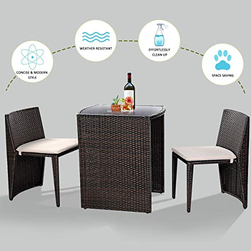 Giantex 3 PCS Cushioned Outdoor Wicker Patio Set Convention Bistro Set Garden Lawn Space Saving Conversation Sofa Furniture No Assembly (Brown) - color: Brown