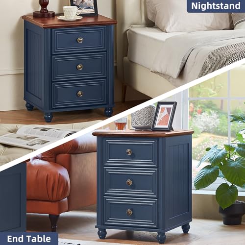 RWYHG 18" Night Stand with Charger Station, Nightstand with 3 Drawers | Farmhouse Modern Bedside Table, Metal Handle, Roman Column Legs, Blue Bed Side End Tables for Bedroom Living Room - color: Navy Blue, size: 18"D x 18"W x 24"H (3 Drawers)