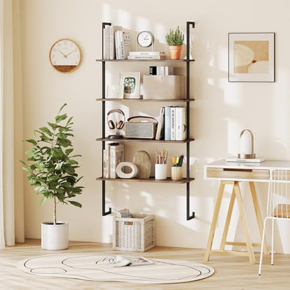 Tangkula 4-Tier Wall-Mounted Bookshelf, Industrial Floating Storage Display Shelves with Metal Frame, Wall-Mounted Ladder Wooden Bookcase for Living Room, Kitchen, Bar, Office (1, Brown) - color: Brown