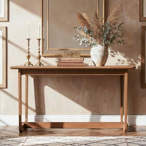 Solid Wood Writing Desk, 51.2 Inch Rubberwood Study Desk, Gaming Computer Table, Modern Home Office Desks with Round Edges, Simple Work Station for Living Room, Light Brown