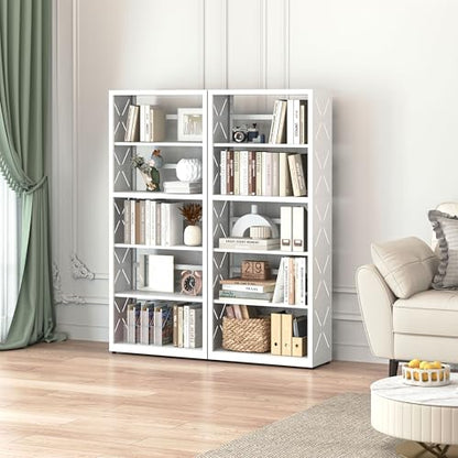 Polup Bookshelf, 5 Tier Metal Bookcase with Adjustable Shelves, Tall White Book Shelf with Bookends, White Display Shelves for Living Room, Home Office, Library - color: White, size: 5 Tier-23" W