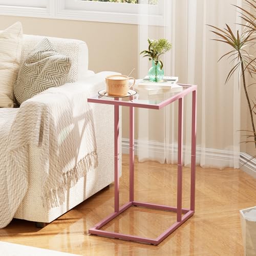 C Shaped End Table, Side End Tables for Living Room,Glass Sofa Couch Table with Metal Frame, Small Tv Tray Snack Dinner Table for Bedroom, Small Spaces, Easy Assembly (Pink) - color: Pink