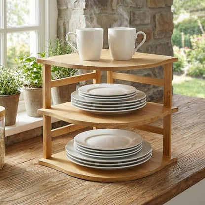 Goaste 3-Tier Bamboo Corner Shelf, Kitchen Countertop Storage Organizer, Cabinet Plate Rack for Pantry Organization, Bathroom, Desktop, 9.5 x 9.5 x 9.5 Inch