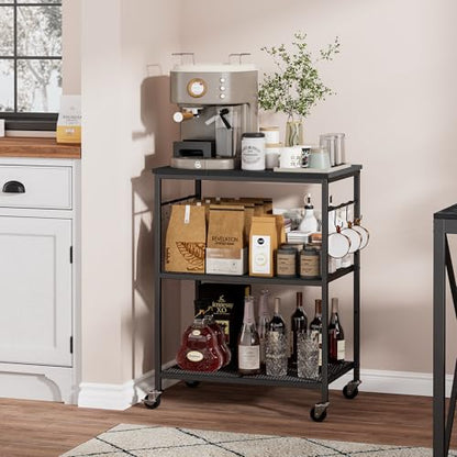 Homleke 3-Tier Rolling Kitchen Microwave Cart, Kitchen Utility Cart on Lockable Wheels, Coffee Bar Table Station with 6 S-Shaped Hooks, Small Appliance Storage Shelf, Black - color: Black, size: 3-Tier