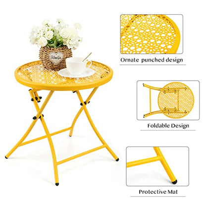 TeoKJ Folding Outdoor Side Tables, Anti Rust Small Patio Table Round Metal Nightstand with Flower Cutouts for Porch Yard Balcony Deck Lawn, Yellow - color: Yellow