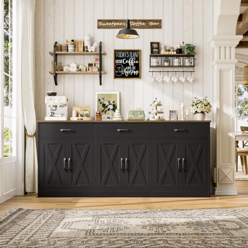 HOSTACK 71"W Farmhouse Kitchen Sideboard Buffet Cabinet with Storage, Black | Large Coffee Bar Cabinet with 3 Wide Drawers, Long Buffet Table with Shelves, Kitchen Storage Cabinet for Dining Room - color: Black
