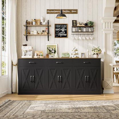 HOSTACK 71"W Farmhouse Kitchen Sideboard Buffet Cabinet with Storage, Black | Large Coffee Bar Cabinet with 3 Wide Drawers, Long Buffet Table with Shelves, Kitchen Storage Cabinet for Dining Room - color: Black