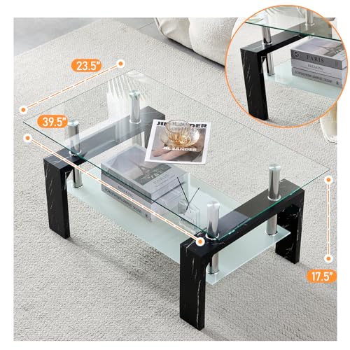 Living Room Rectangle Coffee Table, Tea Table Suitable for Waiting Room, Modern Side Coffee Table with Wooden Leg, Glass Tabletop with Lower Shelf, Black Marble Leg. - color: Black Leg