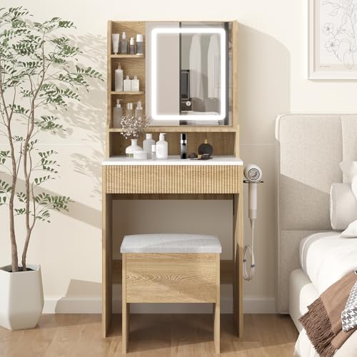 YOURLITE 24" Fluted Makeup Vanity Desk with LED Mirror and Stool | Small Vanity Table Set, 3 Lighting Modes, Charging Station, Hairdryer Holder, Cushioned Stool - size: 27.5", style: Wooden