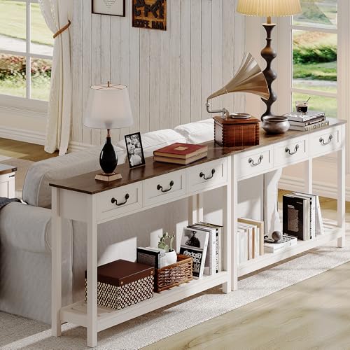 ChooChoo 47" Farmhouse Console Table with 3 Drawers, Rustic Entryway Table, Narrow Long Sofa Table for Living Room, Hallway, Behind Couch, Soft White and Brown - color: Soft White and Brown, size: 11.81"D x 47.24"W x 31.3"H