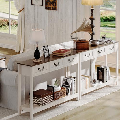 ChooChoo 47" Farmhouse Console Table with 3 Drawers, Rustic Entryway Table, Narrow Long Sofa Table for Living Room, Hallway, Behind Couch, Soft White and Brown - color: Soft White and Brown, size: 11.81"D x 47.24"W x 31.3"H