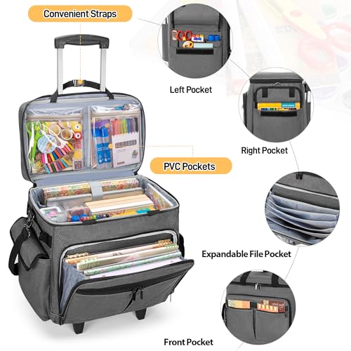 Trunab Rolling Scrapbook Tote with File Pocket & Trolley, Craft Organizer | Expandable File Pocket, Detachable Trolley, Padded Sleeves for 15.6" Laptop, Scrapbooking Supplies & Art Tools - color: Grey