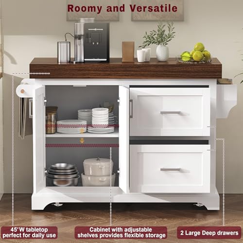 53" Large Kitchen Island with Ultra-Thick 3.5" Countertop, Heavy-Duty Rolling Storage Cart on 5 Wheels, 2 Extra-Large Drawers, Adjustable Cabinet Shelf, for Kitchen, White - color: White