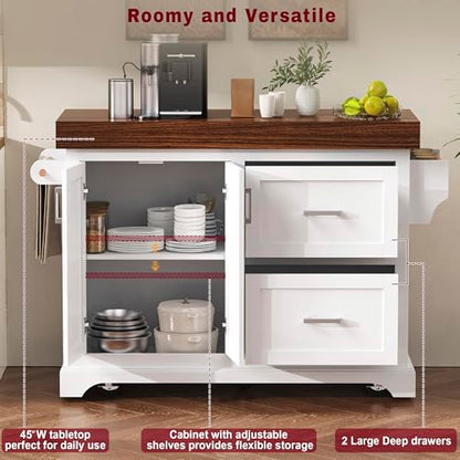 53" Large Kitchen Island with Ultra-Thick 3.5" Countertop, Heavy-Duty Rolling Storage Cart on 5 Wheels, 2 Extra-Large Drawers, Adjustable Cabinet Shelf, for Kitchen, White - color: White
