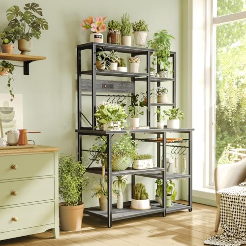 SUPERJARE Large Bakers Rack with Power Outlets, 6-Tier Microwave Stand, Coffee Bar with 12 S-Shaped Hooks, Kitchen Shelf with Wire Basket, 39.4 x 14.6 x 66.9 Inches, Charcoal Gray - color: Charcoal Gray, size: 39.4inch