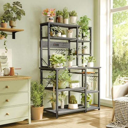 SUPERJARE Large Bakers Rack with Power Outlets, 6-Tier Microwave Stand, Coffee Bar with 12 S-Shaped Hooks, Kitchen Shelf with Wire Basket, 39.4 x 14.6 x 66.9 Inches, Charcoal Gray - color: Charcoal Gray, size: 39.4inch