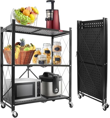DEANIC 3 Tier Foldable Storage Shelves with Wheels, Kitchen Appliance Stand, Freestanding Metal Wire Shelf Rack, No Assembly Organizer Rolling Cart for Garage, Basement, Pantry (Black) - color: Black