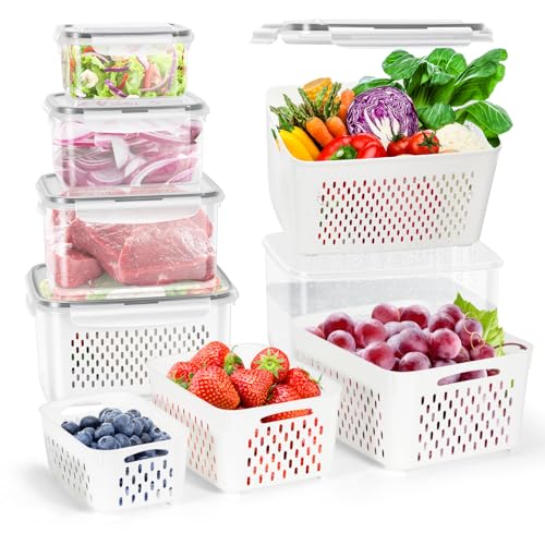 10 Pieces Fruit Storage Container for Fridge,with Removable Colander | 5 Pack Plastic Airtight Storage Container for Fruit Berry Salad, BPA Free Kitchen Refrigerator Organizers - color: 5 Sets/10 Pcs - S