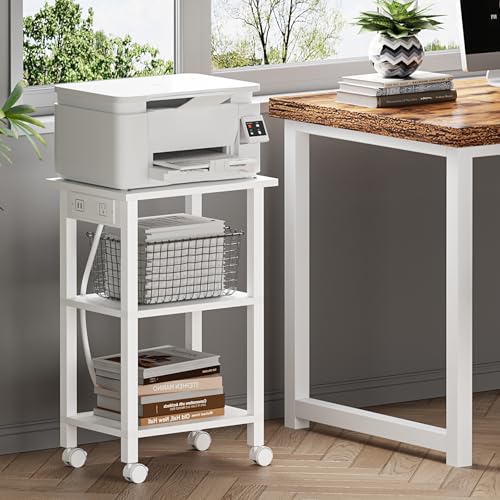 TUTOTAK Printer Stand, 3 Tier Rolling Printer Cart with Charging Station | Small Under Desk Printer Table with Wheels for Small Space, Office, Home, White PS02BW001 - color: White, size: 3 tier(15.7 x 11.8 x 23.6inchs)