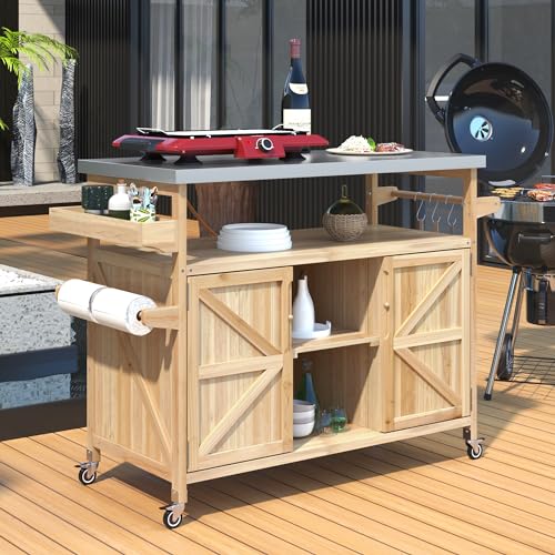 Merax 50" Outdoor Kitchen Grill Cart Island on Wheels with Stainless Steel Top,Farmhouse Style Solid Wood Frame Storage Cabinet for Patio - color: Natural