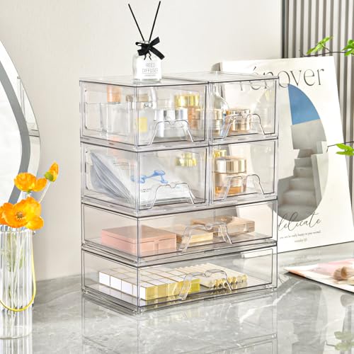 Stebopum 4 Pack Stackable Storage Drawers Clear Acrylic Organizer Bathroom Makeup Organizer and Storage for Beauty Supplies,Ideal for Vanity, Bathroom,Cabinet,Pantry Organization - style: 2 Small+2 Wide