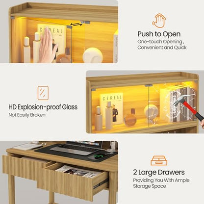 Lvifur 31.5" Small Study Desk with - Drawer & Hutch,Computer Desk with Charging Station,Compact Writing Desks with LED Reading Lights,Home Office Desks for Small Spaces,Bedroom Study Room,Natural - color: Natural