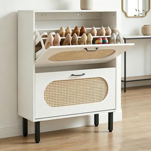 Crownland Shoes Storage Cabinet, Shoe Storage Organizer with 2 Flip-Out Drawers, Modern Two-Tier Freestanding Shoe Rack Cabinets for Entryway, Hallway, Living Room(White-Large) - color: White