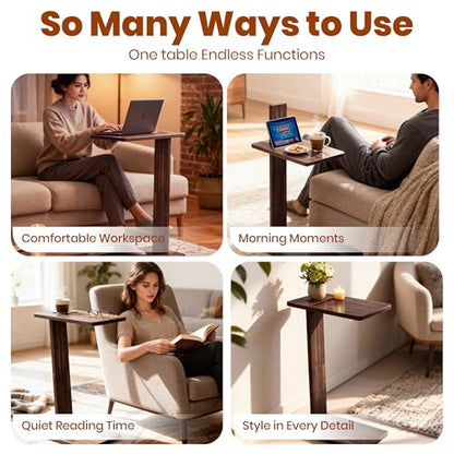 C Table, Premium Solid Acacia Wood, Adjustble Hight and Tablet Holder, Side Tabel for Sofa and Bad
