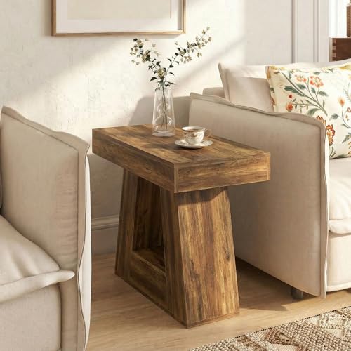Tribesigns 24" Side Table, Narrow End Table with 2-Tier Storage Shelf, Farmhouse Wooden Nightstand Accent Table with Trapezoid Base for Living Room, Bedroom, Small Spaces, Brown - color: Brown