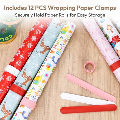Wrapping Paper Storage Cart Station with 12PCS Slap Bands | Rolling Gift Wrap Storage Organizer, Vertical Wrapping Paper Cart, Ribbon Holder Rack, Craft Organizers and Storage Christmas