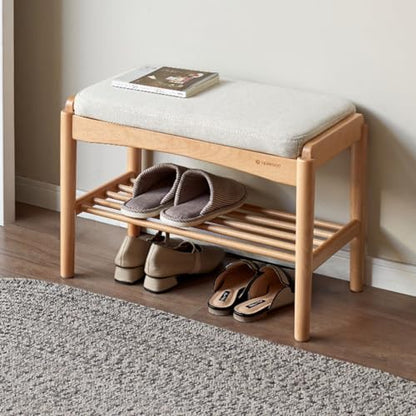 Oak Wood Shoe Bench, 24 Inch Entryway Bench with Light Gray Cushion | Natural oak finish with visible grain and light gray cushion creates a Scandinavian-inspired entryway seat. - color: Natural + Light Gray Cushion, size: 23.62"