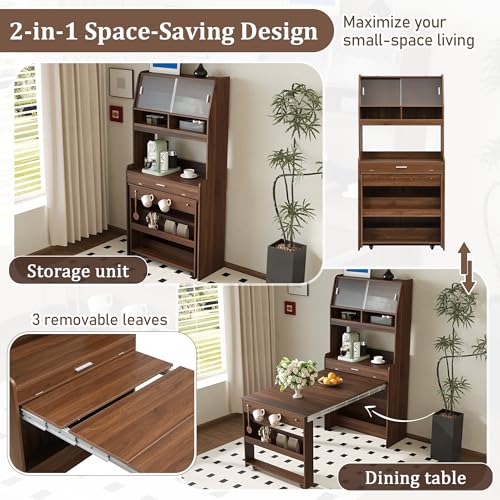 Spaco 2-in-1 Folding Dining Table and Buffet Cabinet Set,Compact Pull-Out Kitchen Table with Wheels,Storage Shelf and Side Hooks,Multifunctional Cupboard for Small Place (Walnut) - color: Walnut