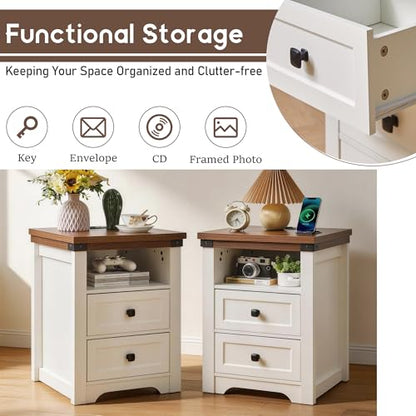 Night Stand Farmhouse Nightstand with Charging Station Bedside Table with Drawers, Wood Couch Side Table End Table for Bedroom, 1 Pack (White 17.5") - color: White 17.5"