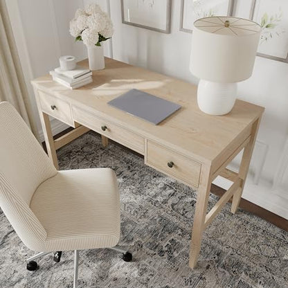 Martha Stewart Rhett Writing Desk with 3 Drawers and Tapered Legs in Light Natural with Antique Bronze Hardware