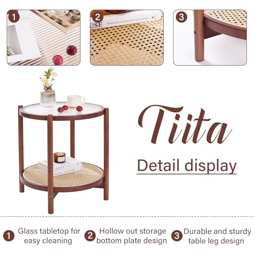 Tiita Rattan Nightstand Side Table, Bamboo Accent Bedside Tables, Glass Coffee Tables, Boho Wooden End Table with Storage for Small Space, Living Room and Bedroom - color: Round Table-s-brown