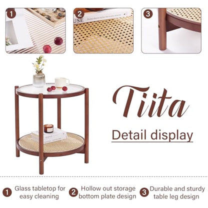 Tiita Rattan Nightstand Side Table, Bamboo Accent Bedside Tables, Glass Coffee Tables, Boho Wooden End Table with Storage for Small Space, Living Room and Bedroom - color: Round Table-s-brown