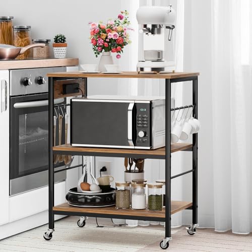 ETELI Bakers Rack with Power Outlet Microwave Stand Cart with Storage Coffee Station Table Cart on Wheels for Kitchen Living Room Bedroom, Rustic Brown - color: Brown