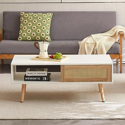 Meihua Rattan Coffee Table with Sliding Door Storage, Mid Century Modern Center Table with Open Shelf and Hidden Compartment, Natural Wood Coffee Table with Solid Wood Legs for Living Room, Apartment - color: White