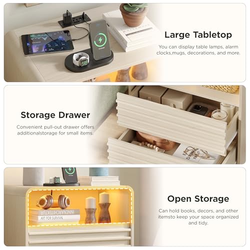 Fameill Fluted Nightstands,Nightstand with Charging Station,LED Night Stand with Two Drawers,Bedside Table with USB Ports and Outlets,Modern End Table for Bedroom (White) - color: White