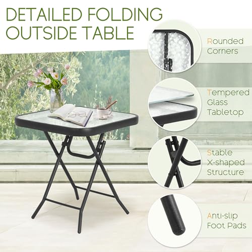 Folding Outdoor Side Table -Patio End Bistro Tables Portable Small 17.5" Square Tempered Glass Top Waterproof Dining Coffee Metal Black - color: Transparent-square