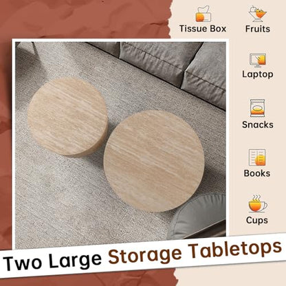 Round Nesting Coffee Table Set of 2 Modern Small Round Coffee Table Travertine Side Table Small End Table Circular Coffee Tables Circle Nested Coffee Tables for Living Room (Travertine) - color: Travertine Regular