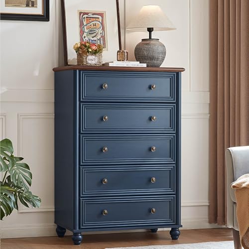 RWYHG Farmhouse 5 Drawer Dresser, 45" Tall Chest of Drawers for Bedroom | Tall Blue Vertical Dressers with 4 Wooden Legs, Metal Handles, Storage Organizer for Living Room, Hallway, Closet - color: Navy Blue Set 1, size: 15.8"D x 31.5"W x 45"H (5 Drawers)