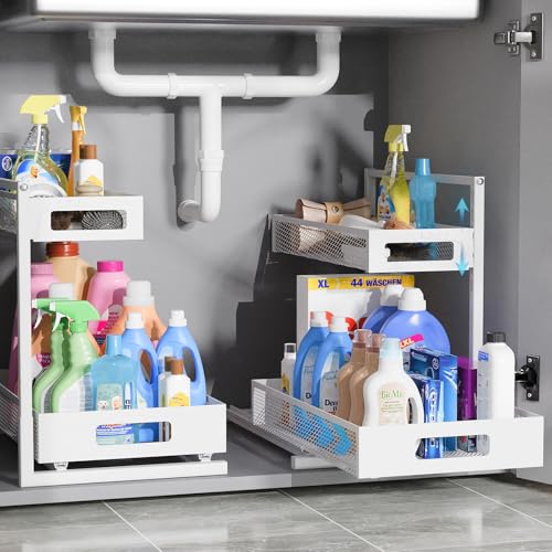 TISTAYA Full Metal Under Sink Organizer, Pull Out Cabinet Organizers and Storage, Silk-Smooth Sliding Drawer for Kitchen, Bathroom, Pantry, Cabinet, Closet (White, 2 Pack) - color: White, size: L-2PC