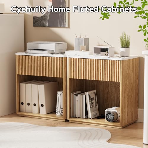 Modern Fluted Nightstand Set of 2 for Bedroom, Mid Century Bedside Table Set with Marble Top & Drawer, Wood End Table, 2 Farmhouse Night Stands for Guest Room, Hallway, Oak - color: Oak