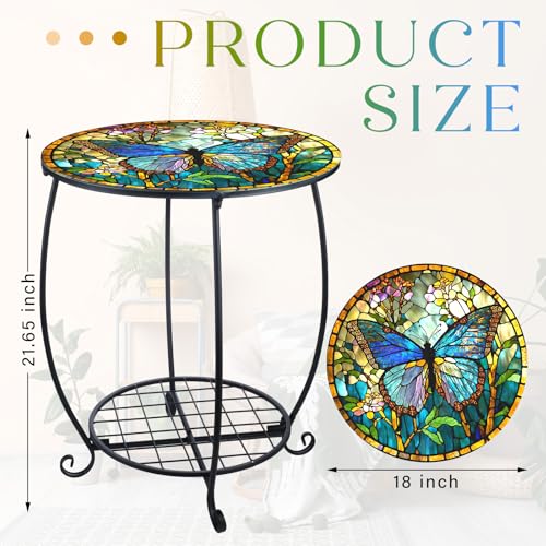 Cinnvoice Outdoor Side Table Round Small Mosaic Patio Accent Indoor End Plant Coffee Tea Table for Yard Patio Porch Garden Living Room, Bedroom(Butterfly Style,18 Inch) - size: 18 Inch, style: Butterfly Style