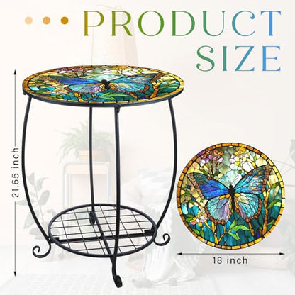 Cinnvoice Outdoor Side Table Round Small Mosaic Patio Accent Indoor End Plant Coffee Tea Table for Yard Patio Porch Garden Living Room, Bedroom(Butterfly Style,18 Inch) - size: 18 Inch, style: Butterfly Style