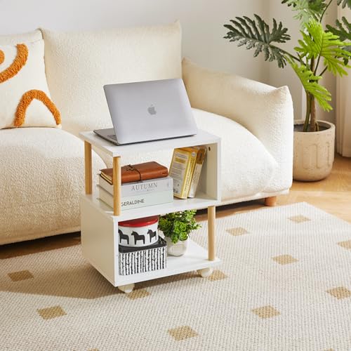 Aibiju Wooden Night Stand with Open Shelf, Nightstand with Wheels, S-Shaped Bed Side Table 3 Tier, 20 inch High End Table White YD-TM155W - color: White, size: 16"D x 12"W x 20"H (Wheels)