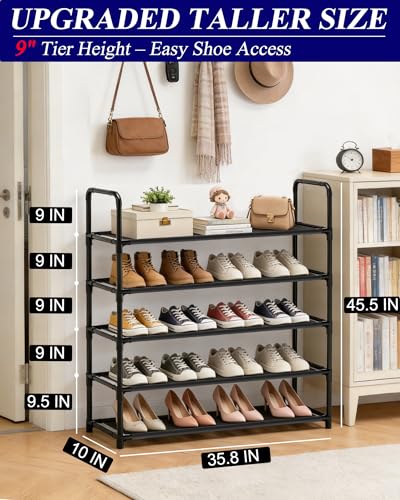 Large Capacity Shoe Rack, 5-Tier Shoe Organizer for Closet, Entryway, Hallway, Holds 20-25 Pairs, Sturdy & Durable Waterproof Fabric Shelf, Space-Saving,Black(35.8" Wide) - size: 5-Black-35.8"