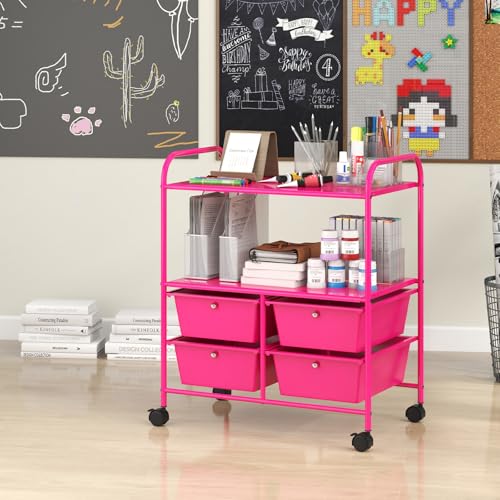 RELAX4LIFE Rolling Storage Cart with 4 Drawers - Utility Cart on Wheels w/2 Shelves & Metal Frame, Paper Scrapbook File Organizer for Home Office School Classroom, Movable Art Craft Cart (Pink) - color: Pink