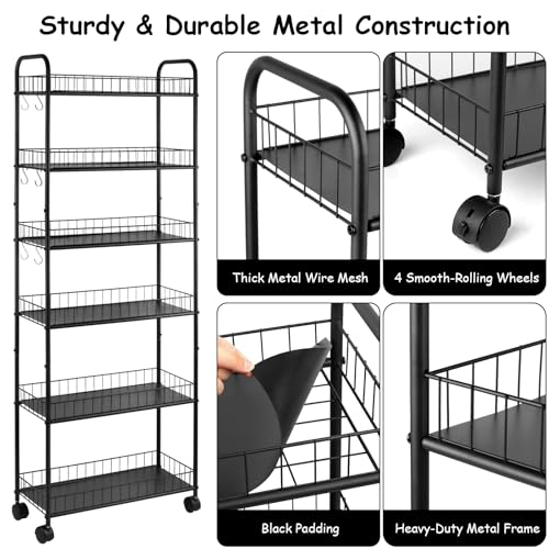 6-Tier Slim Rolling Storage Cart with Wheels, Tall Narrow Storage Shelves for Small Spaces, Metal Utility Cart Mobile Shelving Unit on Wheels for Kitchen, Bathroom, Office - size: 6 in Wide